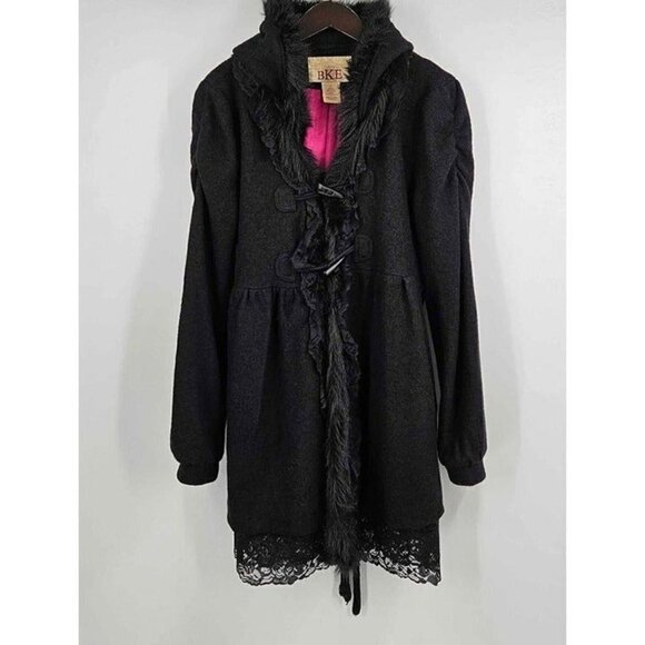 BKE Black Wool Pink Lined Faux Fur Hooded Lace Hem Goth Style Jacket Coat Sz L - Picture 1 of 5